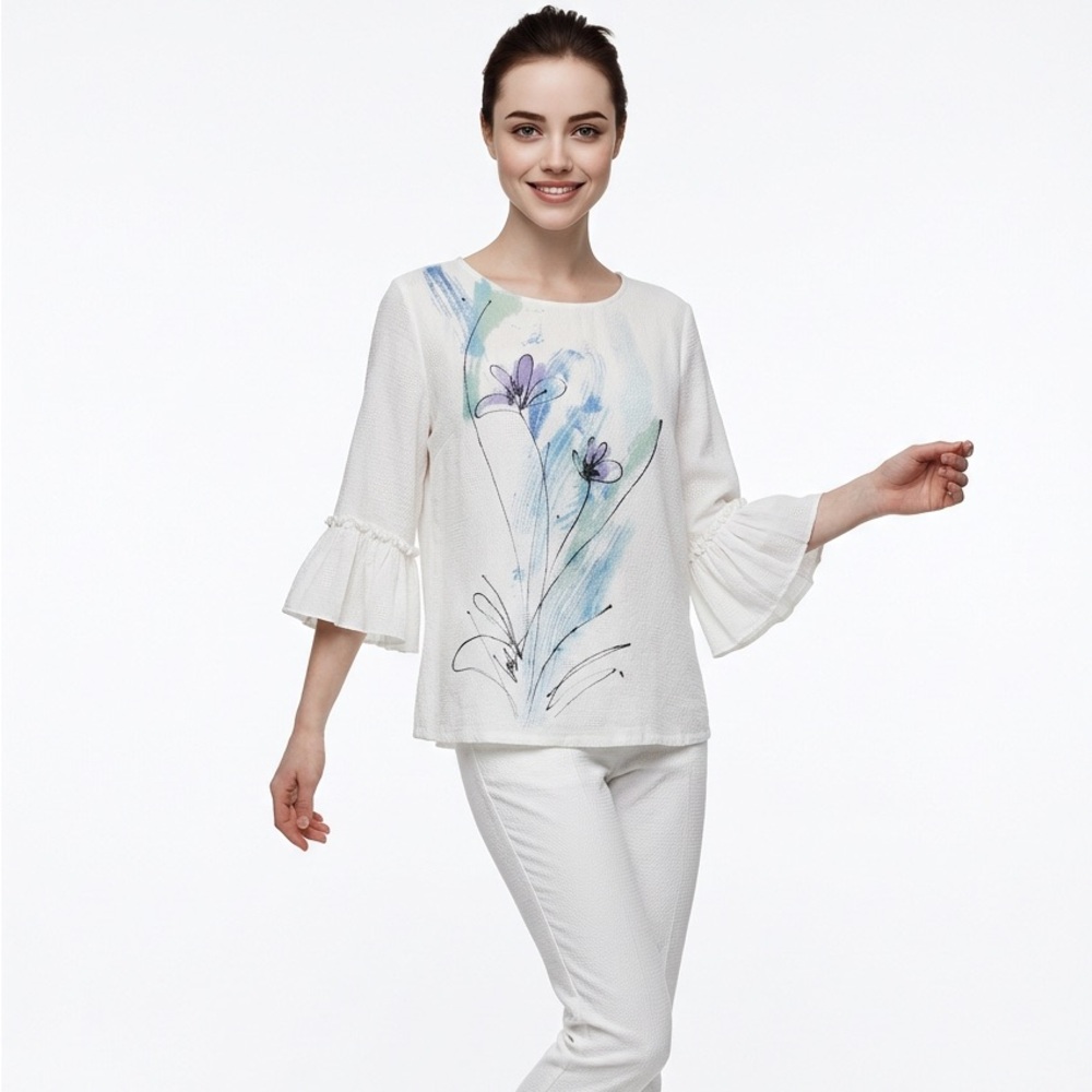 Women's Focus Casual Life White Blouse Floral Print Sz Lg Linen Blend Artsy Boho